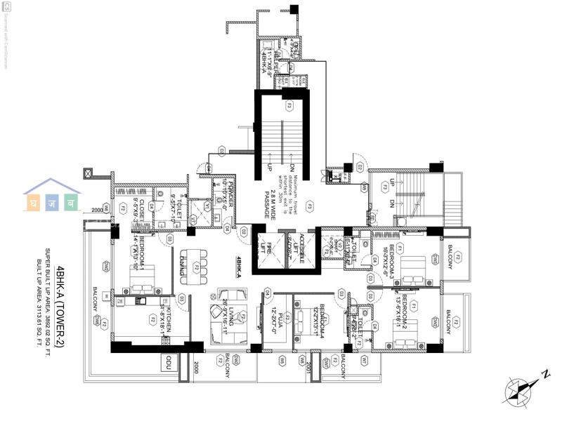 4BHK-A (TOWER-2)
SUPER BUILTUP ARE 3892.02 SQFT
BUILTUP AREA 3113.61 SQFT